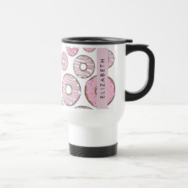 Patroon van donuts, roze donuts, ijs, Jouw naam Reisbeker