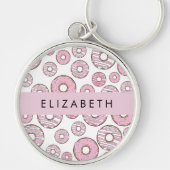 Patroon van donuts, roze donuts, ijs, Jouw naam Sleutelhanger (Voorkant)