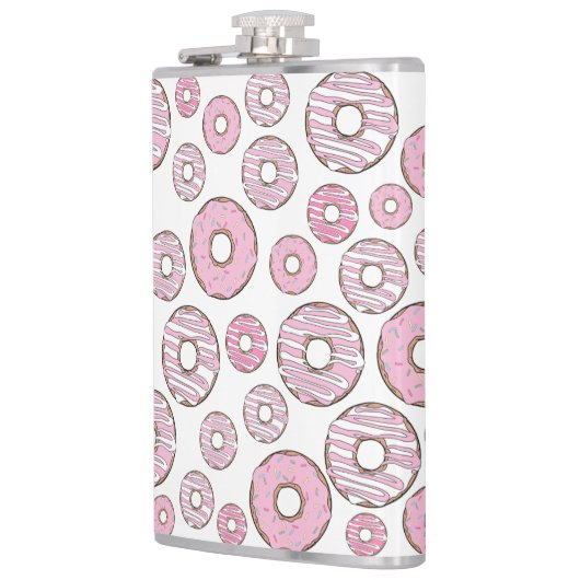 patroon van donuts, roze donuts, sproeten heupfles (Links)