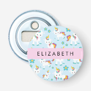Patroon van eenhoorns, leuke eenhoorns, Jouw naam Button Flesopener