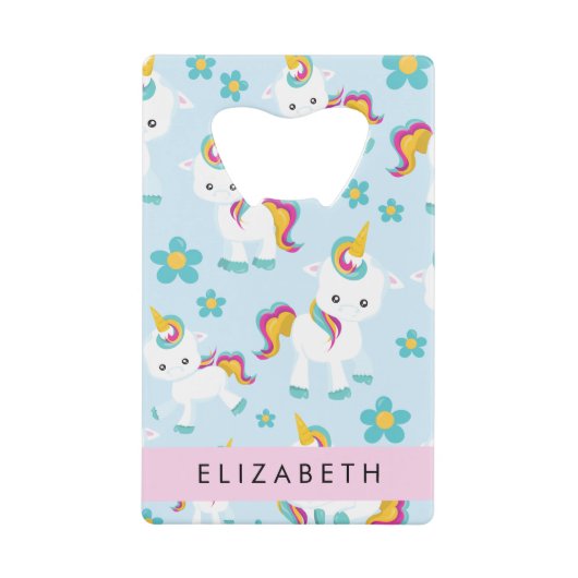 Patroon van eenhoorns, leuke eenhoorns, Jouw naam Creditkaart Flessenopener (Voorkant)
