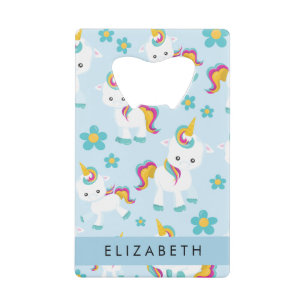 Patroon van eenhoorns, leuke eenhoorns, Jouw naam Creditkaart Flessenopener