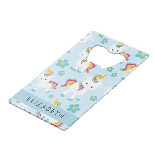 Patroon van eenhoorns, leuke eenhoorns, Jouw naam Creditkaart Flessenopener (Achterkant Gekanteld)