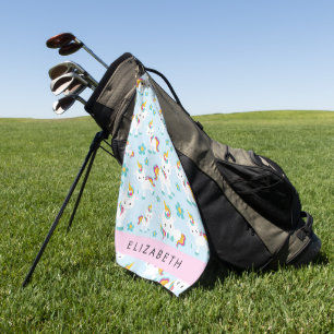 Patroon van eenhoorns, leuke eenhoorns, Jouw naam Golfhanddoek