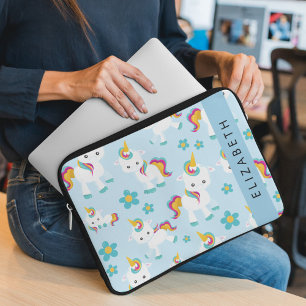 Patroon van eenhoorns, leuke eenhoorns, Jouw naam Laptop Sleeve