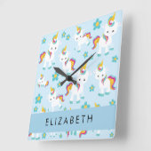 Patroon van eenhoorns, leuke eenhoorns, Jouw naam Vierkante Klok (Hoek)