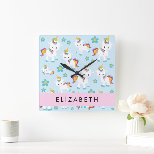 Patroon van eenhoorns, leuke eenhoorns, Jouw naam Vierkante Klok (Huis)
