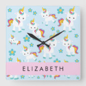 Patroon van eenhoorns, leuke eenhoorns, Jouw naam Vierkante Klok (Voorkant)