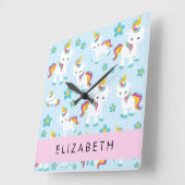 Patroon van eenhoorns, leuke eenhoorns, Jouw naam Vierkante Klok (Hoek)