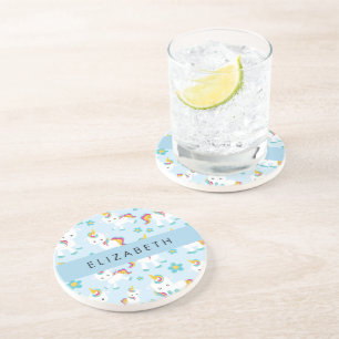 Patroon van eenhoorns, leuke eenhoorns, Jouw naam Zandsteen Onderzetter