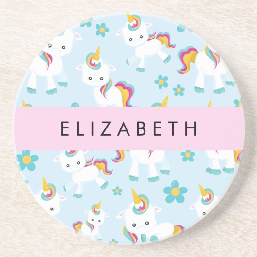 Patroon van eenhoorns, leuke eenhoorns, Jouw naam Zandsteen Onderzetter (Voorkant)