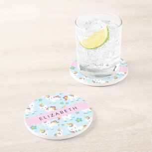 Patroon van eenhoorns, leuke eenhoorns, Jouw naam Zandsteen Onderzetter