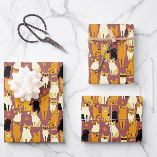 Patroon van gember, zwarte en witte katten inpakpapier vel (Voorkant)