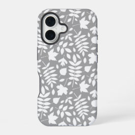 Patroon van gevallen bladeren wit op grijs iPhone 16 hoesje