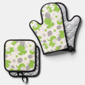 Patroon van groene olifanten, luifantennestelaars, ovenwant & pannenlap set (Voorkant / Achterkant)