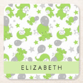 Patroon van groene olifanten, sterren, Jouw naam Kartonnen Onderzetters (Voorkant)