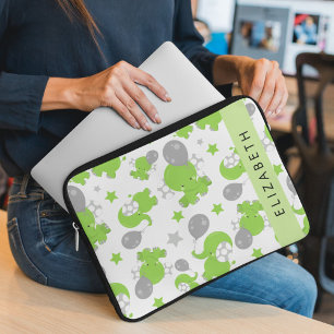 Patroon van groene olifanten, sterren, Jouw naam Laptop Sleeve