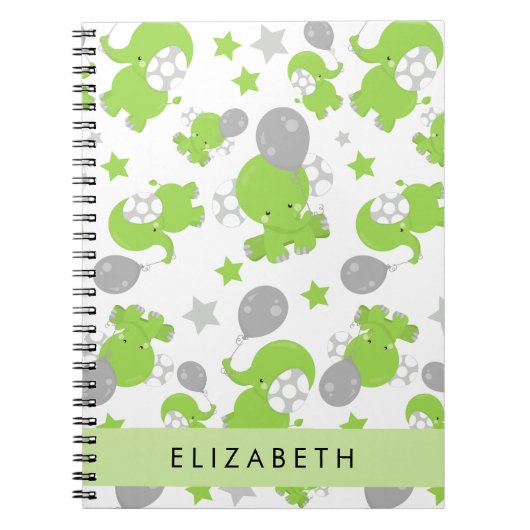 Patroon van groene olifanten, sterren, Jouw naam Notitieboek (Voorkant)