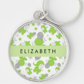 Patroon van groene olifanten, sterren, Jouw naam Sleutelhanger (Voorkant)