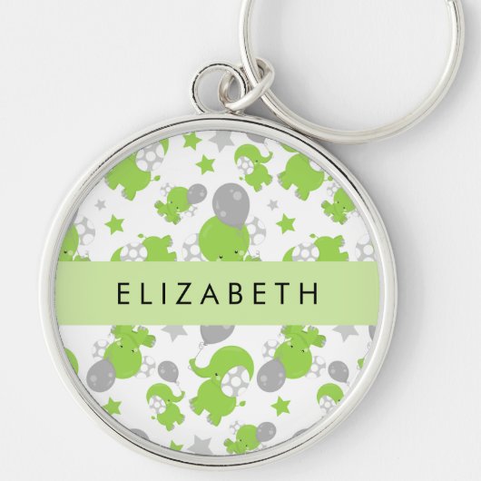 Patroon van groene olifanten, sterren, Jouw naam Sleutelhanger (Voorkant)