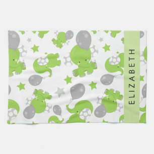 Patroon van groene olifanten, sterren, Jouw naam Theedoek