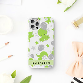 Patroon van groene olifanten, sterren, uw naam iPhone 16 hoesje