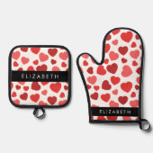 Patroon van harten, rode harten, Jouw naam Ovenwant & Pannenlap Set (Voorkant)