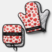 Patroon van harten, rode harten, Jouw naam Ovenwant & Pannenlap Set (Voorkant / Achterkant)