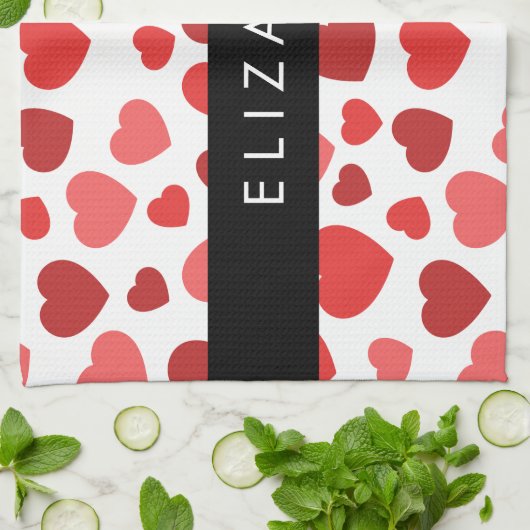 Patroon van harten, rode harten, Jouw naam Theedoek (Gevouwen)