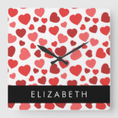 Patroon van harten, rode harten, Jouw naam Vierkante Klok (Voorkant)