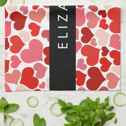 Patroon van harten, rode harten, liefde, Jouw naam Theedoek (Gevouwen)