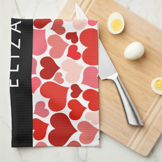 Patroon van harten, rode harten, liefde, Jouw naam Theedoek (Quarter Fold)