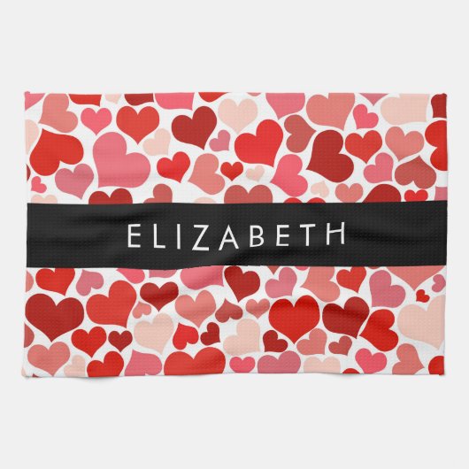 Patroon van harten, rode harten, liefde, Jouw naam Theedoek (Horizontaal)