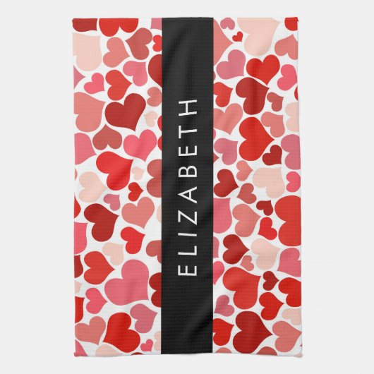 Patroon van harten, rode harten, liefde, Jouw naam Theedoek (Verticaal)