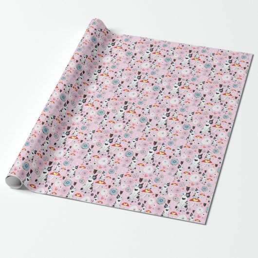 patroon van katten en bloemen cadeaupapier (Uitgerold)