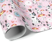 patroon van katten en bloemen cadeaupapier (Rol Hoek)