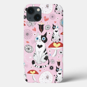 patroon van katten en bloemen iPhone 13 hoesje