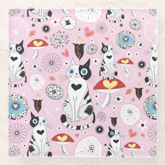 patroon van katten en bloemen glazen onderzetter (Voorkant)