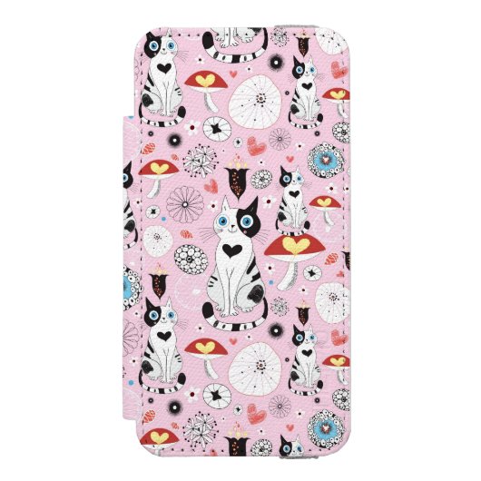 patroon van katten en bloemen incipio iPhone portemonnee hoesje (Voorkant Agenda)