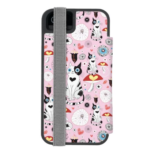 patroon van katten en bloemen incipio iPhone portemonnee hoesje (Agenda Achterkant)