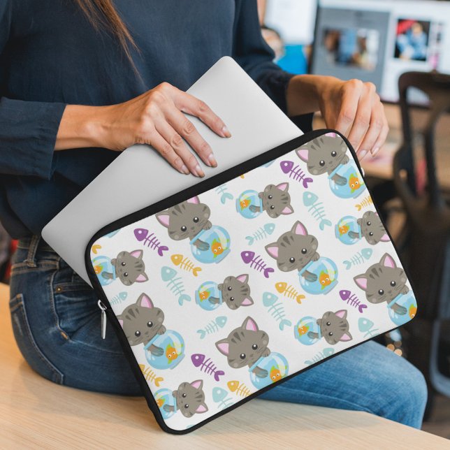 Patroon van katten, kattenkatten, Kittens, vis Laptop Sleeve (Creator heeft geüpload)