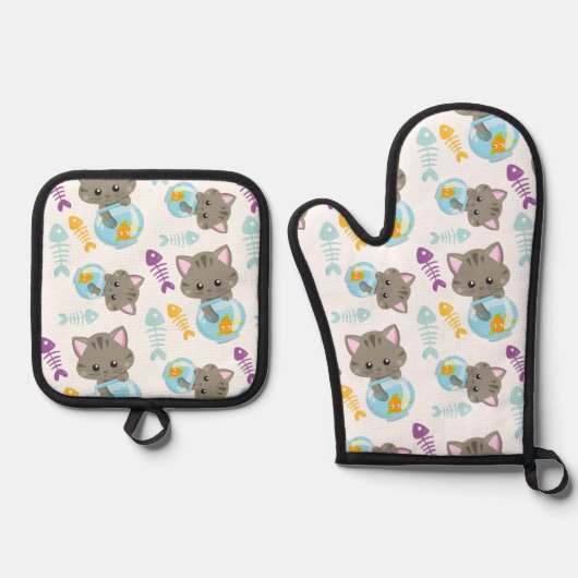 Patroon van katten, kattenkatten, Kittens, vis Ovenwant & Pannenlap Set (Voorkant)