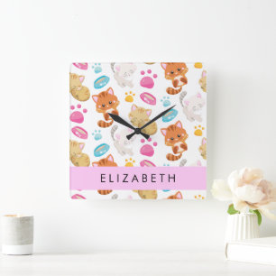 Patroon van katten, schattige katten, Kat, poten,  Vierkante Klok