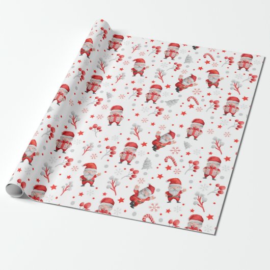 Patroon van kerstmannen. Geschenken, bomen op wit. Cadeaupapier (Uitgerold)