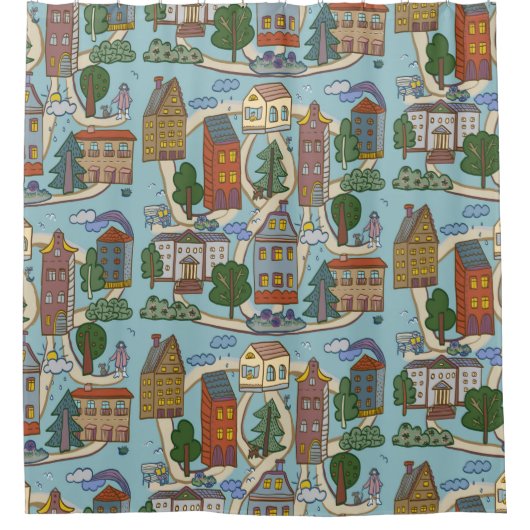 patroon van kleine stedenhuisjes douchegordijn (Voorkant)