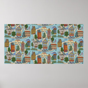 patroon van kleine stedenhuisjes poster