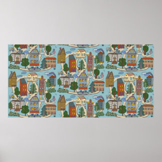 patroon van kleine stedenhuisjes poster