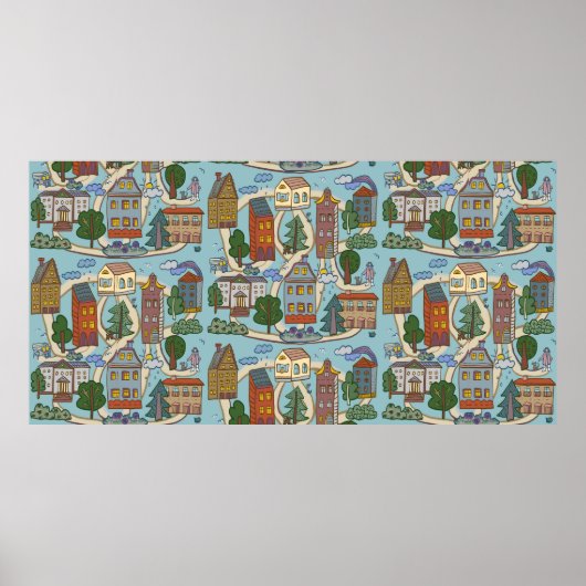 patroon van kleine stedenhuisjes poster (Voorkant)