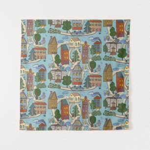 patroon van kleine stedenhuisjes wandkleed