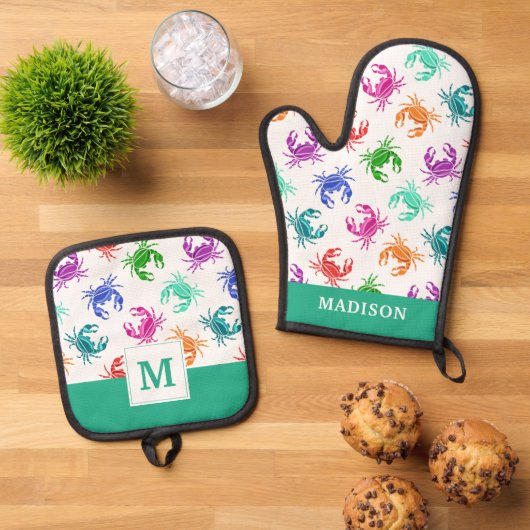 patroon van krabben ovenwant & pannenlap set (Top down)